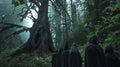 A group of hooded figures stands together backs to the camera as they face a huge ancient tree. In the stillness of the Royalty Free Stock Photo