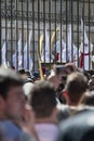 Group of hooded fraternity members before the procession of Christ La Borriquita during Palm Sunday in Madrid, Spain