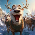 group of horned cartoon reindeer prancing through the snow, smiling on a clear winters day