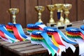Group of horse riding equestrian sport trophys badges rosettes at equestrian event at summertime Royalty Free Stock Photo