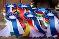 Group of horse riding equestrian sport trophys badges rosettes at equestrian event at summertime