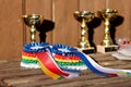 Group of horse riding equestrian sport trophys badges rosettes at equestrian event at summertime Royalty Free Stock Photo