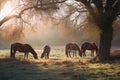 a group of horses grazing on grass under a tree