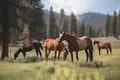 A group of horses grazing in a meadow, highlighting their social nature and connection to nature AI generated