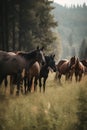 A group of horses grazing in a meadow, highlighting their social nature and connection to nature AI generated