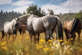 A group of horses grazing in a meadow, highlighting their social nature and connection to nature AI generated