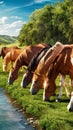 Group of horses laying near a stream with beautiful trees behind.