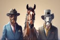 A group of horses in hats, suits and ties, gentlemen and bosses. AI generated