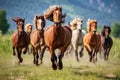 A Group Of Horses Running Through A Field Horse Breeds, Running Dynamics, Herd Behavior, Animal Phys Royalty Free Stock Photo