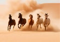 Group of horses running free in a desert sand dust.