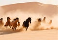 Group of horses running free in a desert sand dust.