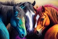 A group of horses standing together in a field, their heads close as they nuzzle each other affectionately, generative