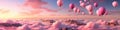 A group of hot air balloons floating in pink sky. Pink clouds