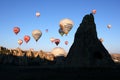 A group of hot air balloons soon after take-off from near Goreme in the Cappadocia region of Turkey. Royalty Free Stock Photo