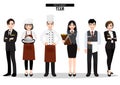 Group of hotel restaurant team. Catering service characters standing together in uniform. Food service staff website banner