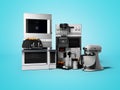 Group of household appliances for kitchen toaster coffee maker microwave food processor blender 3d render on blue background with