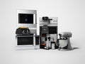 Group of household appliances for kitchen toaster coffee maker microwave food processor blender 3d render on gray background with Royalty Free Stock Photo