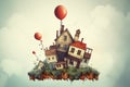 A group of houses being carried by balloons Royalty Free Stock Photo