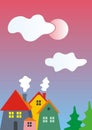 Group of houses, village, vector illustration at multicolored background.