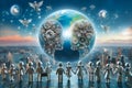 A group of humanoid androids standing and watching the city skyline This image was generated using AI