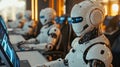 A group of humanoid robots working at computers in an office setting. The program code is displayed on computer screens Royalty Free Stock Photo