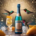 A group of hummingbirds hovering around a bottle of sparkling nectar, toasting to the new year5