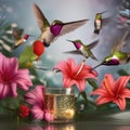 A group of hummingbirds hovering around a bottle of sparkling nectar, toasting to the new year1 Royalty Free Stock Photo