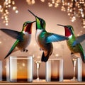 A group of hummingbirds hovering around a bottle of sparkling nectar, toasting to the new year3