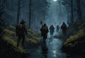 A group of hunters navigating the treacherous terrain of the dark swamp in pursuit of the witch