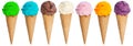 Group of ice cream scoop sundae cone in a row icecream summer is Royalty Free Stock Photo