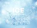 Group of ice transparent clear cubes in water crown splash isolated on light blue transparent background. Vector Royalty Free Stock Photo