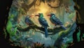 A group of imaginative parrots in a beautiful jungle. AI generated