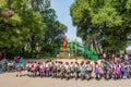 A group of Indian primary school pupils waiting for entering the Nehru Zoological park at Hyderabad City, Andhra Pradesh, India