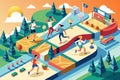 A group of individuals playing an intense game of tennis on a tennis court, Cross country race Customizable Isometric Illustration