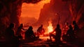 A group of individuals sitting around a fire pit, engaging in relaxed outdoor socializing and conversation, Prehistoric cave