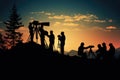 A group of individuals standing on top of a hill, taking in the beautiful scenery and enjoying the refreshing ambiance, Film crew