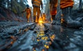 A group is trekking through a muddy path in the natural landscape