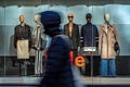 Group of individuals strolling by a shop adorned with a captivating display of mannequins.