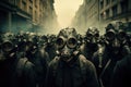 A group of individuals wearing gas masks is seen walking together down a busy street, Crowd of people in gas masks on a city