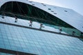 Group of industrial climbers washing glass office building facade, Moscow City Royalty Free Stock Photo