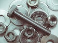 Group of Industrial strong steel nuts bolts and washers, zinc heap chrome Royalty Free Stock Photo