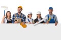 Group of industrial workers with banner Royalty Free Stock Photo