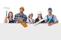 Group of industrial workers with banner Royalty Free Stock Photo