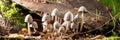 A group of inedible mushrooms among the dry leaves and tree stump. Mushrooms in the forest in summer. Banner