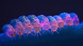 A group of insect larvae lined up in a row each one glowing under UV light as they consume and neutralize toxic Royalty Free Stock Photo