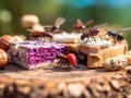 A group of insects sitting on top of a piece of cake. Generative AI image. Royalty Free Stock Photo