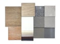 group of interior material samples including blackout drapery fabric catalog, multi color and texture of wooden and stone ceramic
