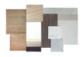 group of interior material samples including blackout drapery fabric catalog, wooden ceramic tiles, walnut veneer, concrete