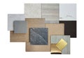 group of interior material samples including gold stainless, gold metallic aluminium, palette of stone tiles, wooden veneer, Royalty Free Stock Photo