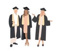 A group of international students in academic gowns, gowns and academic caps. Graduation. Vector